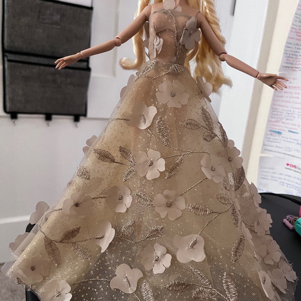 Rimdoll-Handmade Gown with 3D Flowers for 12" Poppy Parker, Barbie Doll w Zipper